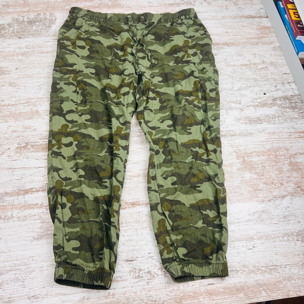 Old Navy Jogger Pants Women XL Olive Camo High Rise Linen Viscose Drawstring